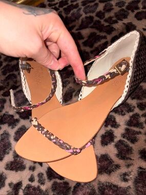 Braided Ankle-Strap Sandals in Brown and Pink